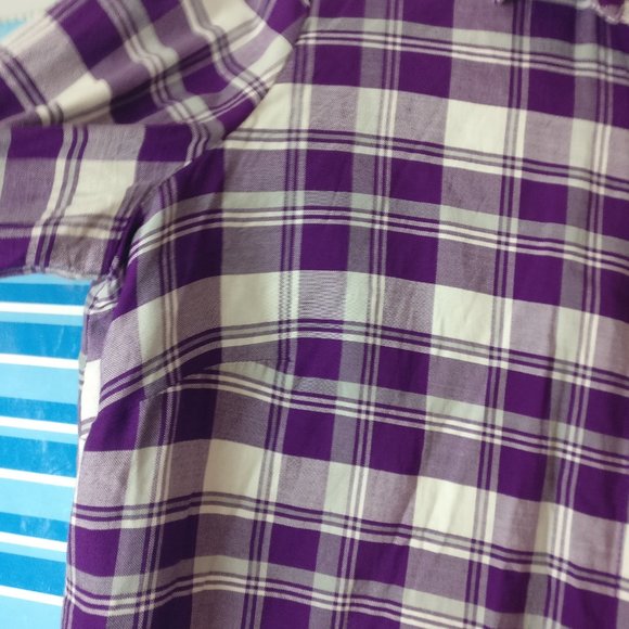 Purple Gingham plaid Western Fringed hem Long sleeve Button down Shirt, M - Picture 4 of 8